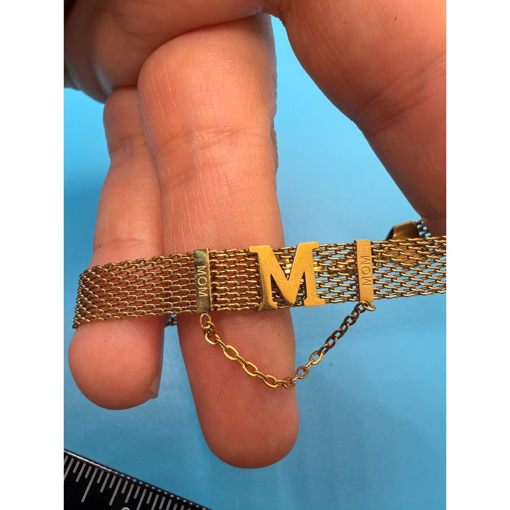 Vintage Gold Tone Mesh Chain MOM Bracelet‎ with Safety Chain 7.25 Inch